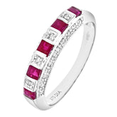 0.53ct Square Ruby and 0.1ct Round Diamond Pave Set Half Eternity Ring in UK Hallmarked 9ct White Gold